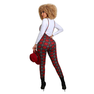 Autumn White Shirt and Plaid Print Suspender Pants Set