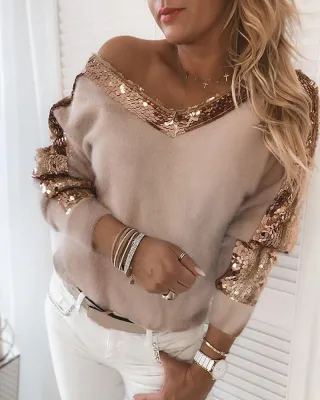 Autumn Sequins V-Neck Plush Shirt