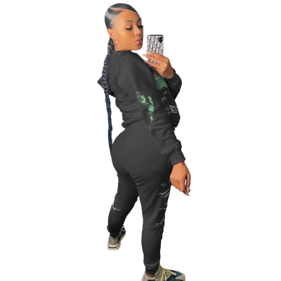 Long Sleeve Print Loose Hoody Sweatsuit