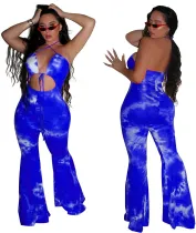 Party Tie Dye Print Low Back Halter Flare Jumpsuit