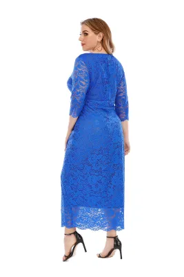 Plus Size Autumn Elegant Lace Blue Gown