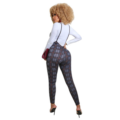 Autumn White Shirt and Plaid Print Suspender Pants Set