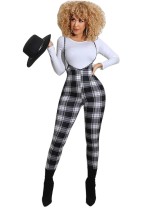 Autumn White Shirt and Plaid Print Suspender Pants Set