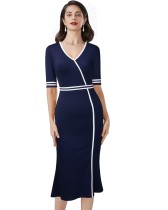 Autumn Solid Plain Vintage V-Neck Fishtail Office Midi Dress