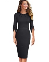 Autumn Solid Plain Vintage O-Neck Office Midi Dress