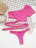 Two Piece Pink One Shoulder Strings Swimwear