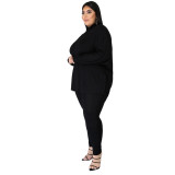 Plus Size Autumn Casual Solid Plain Shirt and Pants Set