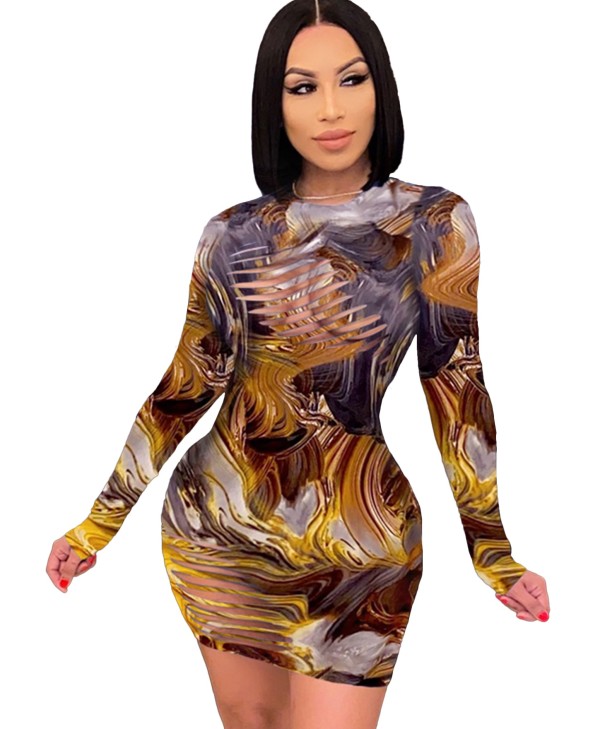 Autumn Party Print Sexy Ripped Bodycon Dress