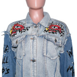 Autumn Print Blue Contrast Button Up Denim Jacket