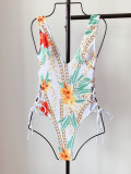 One Piece Floral White Lace-Up Swimwear