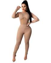 Autumn Party Sexy Mesh Patchwork Ribbed Bodycon Jumpsuit
