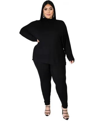 Plus Size Autumn Casual Solid Plain Shirt and Pants Set