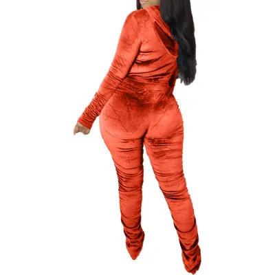 Autumn Matching Velvet Ruched Zip Crop Top and Pants Set