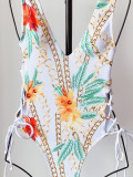 One Piece Floral White Lace-Up Swimwear
