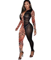 Autumn Party Print Patchwork See Through Sexy Bodycon Jumpsuit