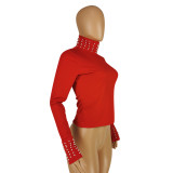 Winter Turtleneck Rhinestones Knitting Basic Top