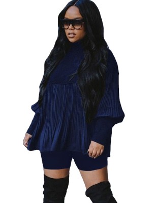 Winter Solid Plain Pleated Loose Shirt and Tight Shorts Set