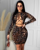 Autumn Party Leopard Print Lace Up Mini Dress