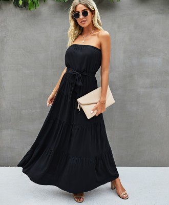 Summer Solid Plain Strapless A-line Long Formal Dress