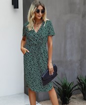 Summer Casual Print Drawstrings Wrapped Midi Dress