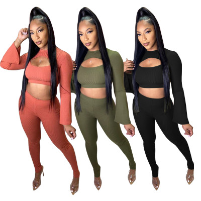 Autumn Party Sexy Ribbed Crop Top and Pants Set