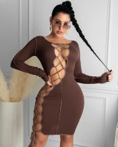 Autumn Party Sexy Lace Up Ribbed Mini Dress