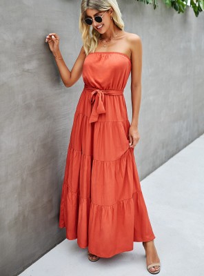 Summer Solid Plain Strapless A-line Long Formal Dress