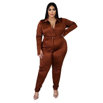 Plus Size Satin Wrapped Bodysuit and Matching Pants Set