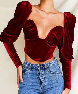 Retro Velet Long Sleeve Crop Top