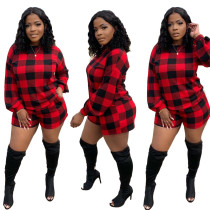 Casual Plaid Print Round Neck Long Sleeve Top and Shorts Set
