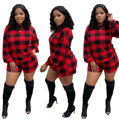 Casual Plaid Print Round Neck Long Sleeve Top and Shorts Set