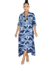 Autumn Camou Print Long Blouse Dress with Sequins Pockets
