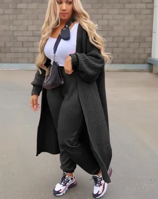 Winter Puff Sleeves Long Plain Sweater Coat