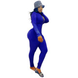 Sports Solid Plain Long Sleeve Zip Up Bodycon Jumpsuit