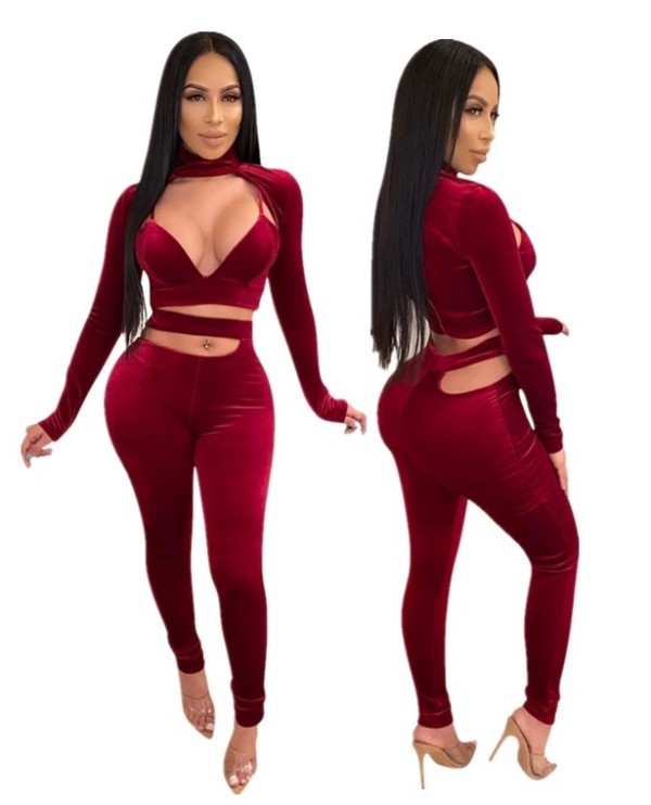 Autumn Party Sexy Cut Out Crop Top and Pants Set