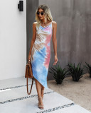 Summer Elegant Tie Dye Irregular Strap Long Dress