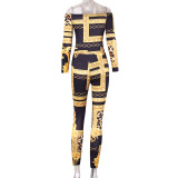 Autumn Gold and Black Print Strapless Party Bodycon Jumpsuit