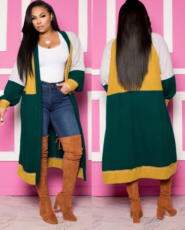 Autumn Contrast Color Long Cardigans with Full Sleeves