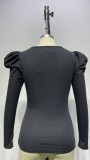 Autumn Black Puff Sleeves Square Basic Top