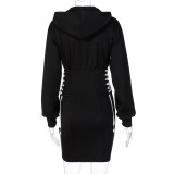 Autumn Black Zip Up Lace Up Strings Hoody Dress