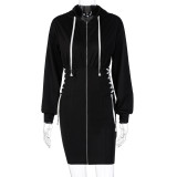 Autumn Black Zip Up Lace Up Strings Hoody Dress