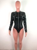 Winter Party Sexy Zip Up Long Sleeve Leather Bodysuit