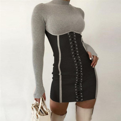 Autumn Party Contrast Sexy Lace Up Ribbed Mini Dress