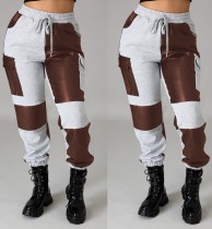 Autumn Grey and Brown Leather Patchwork Sweatpants