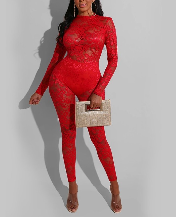 Autumn Party Sexy Lace See Through Bodycon Jumpsuit