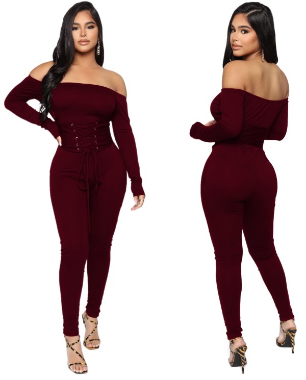 Autumn Party Solid Plain Lace Up Sexy Strapless Jumpsuit