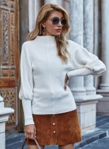 Autumn Solid Plain Puff Sleeve Turtleneck Pullover Sweater