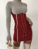 Autumn Party Contrast Sexy Lace Up Ribbed Mini Dress