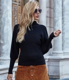 Autumn Solid Plain Puff Sleeve Turtleneck Pullover Sweater