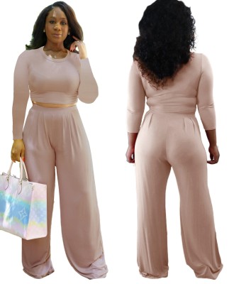 Autumn Casual Solid Plain Crop Top and Wide Pants Set